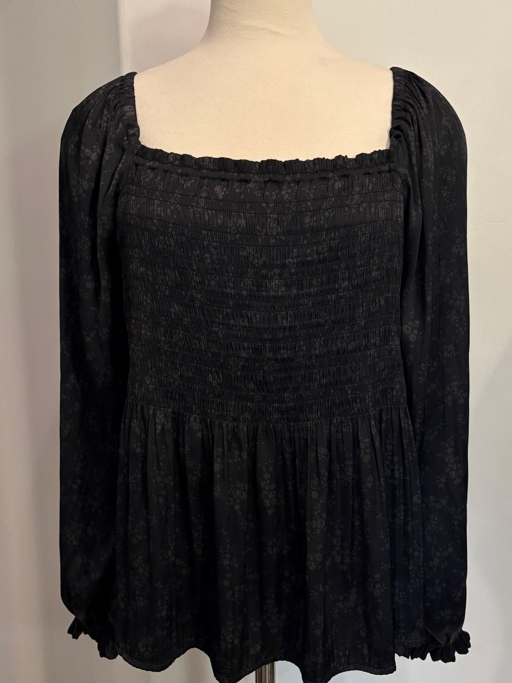 GAP Black Floral Smocked Peplum Square Neck Blouse XL fall office date night